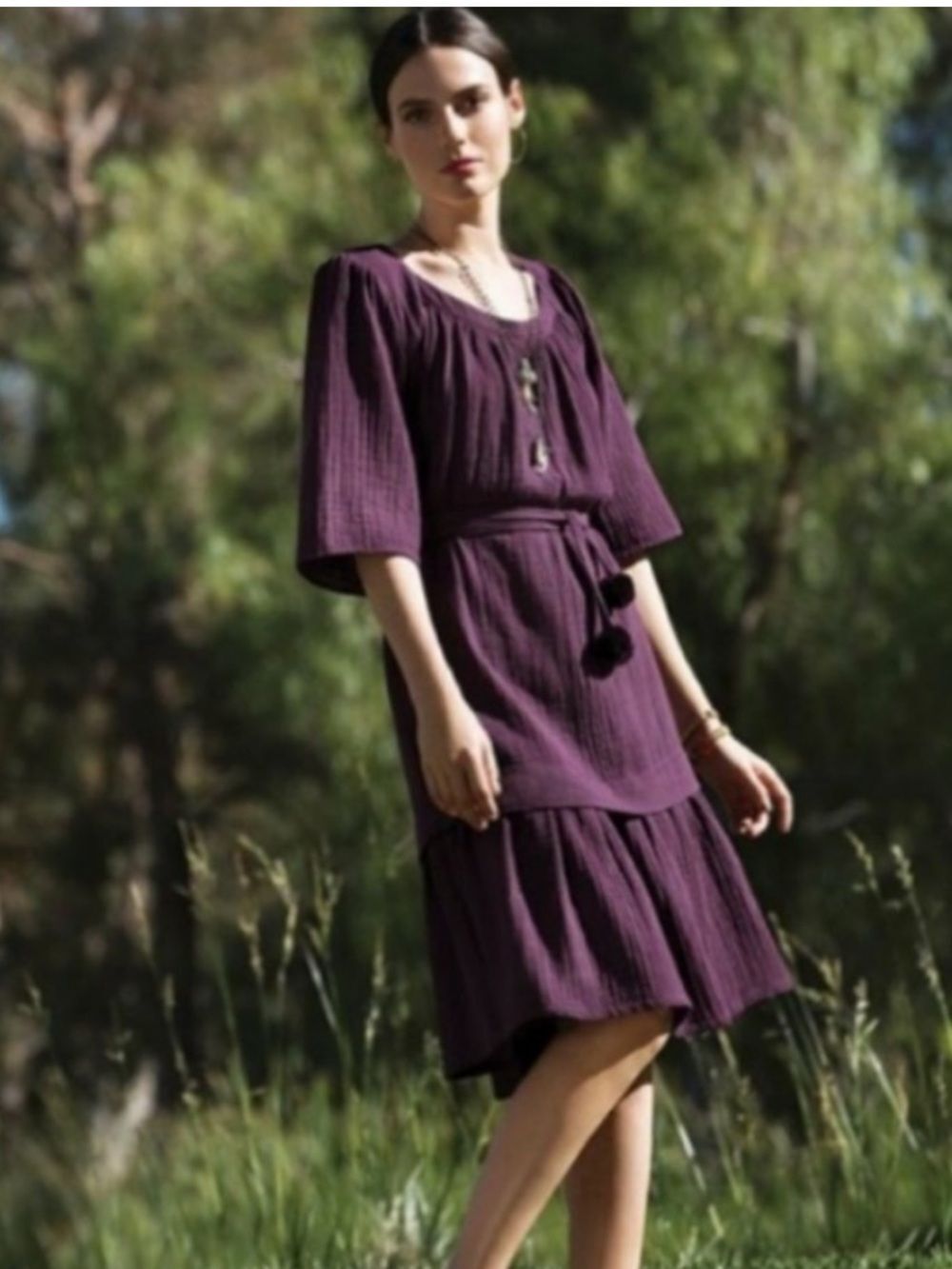 Johnny Was Calme Purple Scoop Neck 3/4 Sleeve Ruffle Bottom Pom Pom Belt Dress M